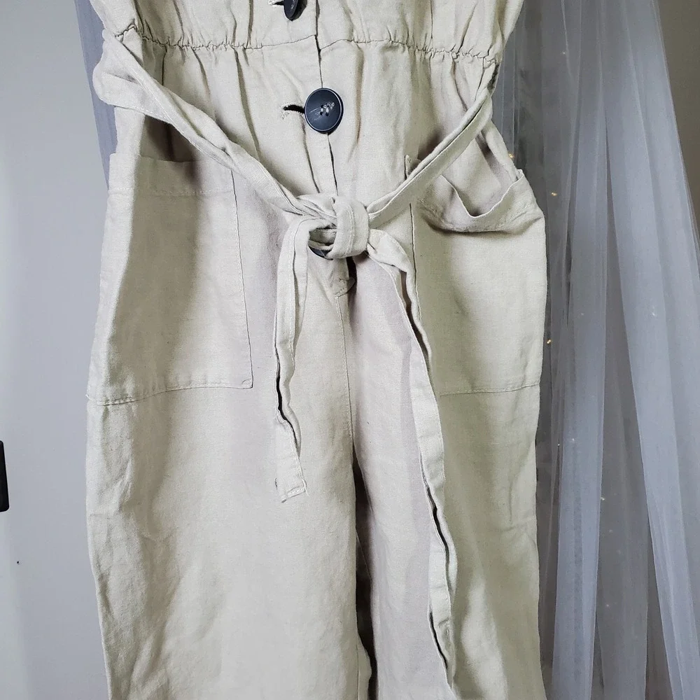 Zara Basic Linen Cotton Blend Jumpsuit Romper‎ Safari Belted Beige Pant Suit XS